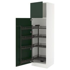 a white cabinet with green doors and shelves