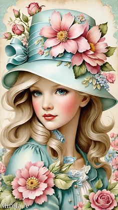 a painting of a girl wearing a blue hat with pink flowers on it's head