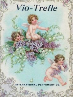 two cherubs are surrounded by purple flowers and greenery, with the words vio - trelle written below