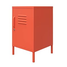 an orange metal cabinet with two doors on one side and a drawer on the other