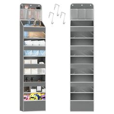 two gray shelves with hanging hooks and bins on each shelf, one is open and the other is closed