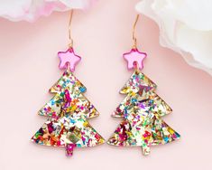 Christmas Tree Earrings Acrylic Dangles Festive Jewelry | Etsy Christmas Party Earrings, Christmas Tree Charm, Earrings Acrylic, Tree Earrings, Paper Earrings, Holiday Earrings, Pink Mirror, Christmas Tree Earrings, Bright Christmas