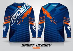 the front and back view of a blue jersey with an orange stripe on it that says sport jersey