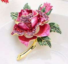 GS372-Vintage Style Rose Brooch with Rhinestones, Elegant Pink Rose Brooch for Party, Luxury Festive Accessory Rose Brooch, Elegant Red, Flower Pins, Red Flower, Mode Vintage, Vintage Watches, Red Flowers, Pink Rose, Formal Event