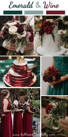 a collage of photos showing different types of wedding cakes and flowers in red, white and green colors