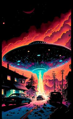 a painting of an alien spaceship flying over a city in the sky with cars driving by