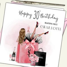 a birthday card featuring a woman in pink holding a bag and wine bottle with the words happy 30th, beautiful niece charlotte