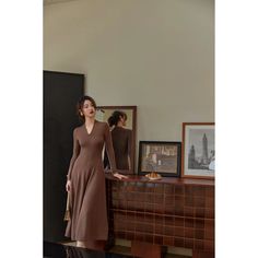 one tone knit dress – remulia Elegant Long Knit Midi Dress, Elegant Brown Long Sleeve Sweater Dress, Elegant Long Sleeve Brown Sweater Dress, Classic V-neck Winter Dress, Brown V-neck Ribbed Dress, Classic Long Fall Dresses, Classic Long Dresses For Fall, Brown Knit Winter Dress, Brown Stretch Dresses For Winter