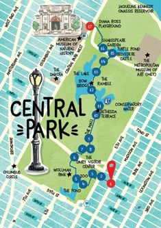 a map of central park in new york city, with the locations marked on it