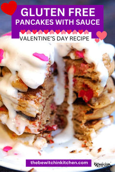 gluten - free pancakes with sauce for valentine's day recipe on a plate