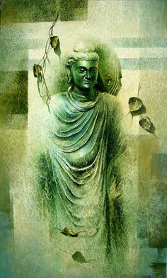 an artistic painting of a buddha statue surrounded by leaves and birds in the air,