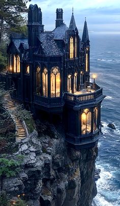 an elaborate house on the edge of a cliff overlooking the ocean