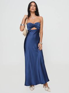 Strapless satin maxi dress Inner silicone strip at bust, pleated design, elasticated straps at back, low cowl back Non-stretch material, lined bust 95% polyester 5% elastane Cold gentle machine wash Semi Dresses, Prom Dress Inspo, Prom Inspo, Fleece Dress, Prom Dress Inspiration, Winter Formal, Strapless Maxi, Grad Dresses, Prom Ideas