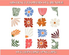 the abstract flowers svg bundle is shown in different colors and sizes, including red, white