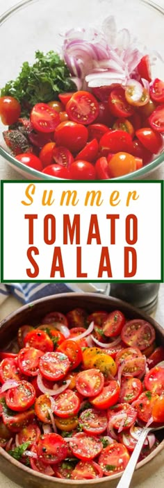 a pan filled with tomatoes and onions on top of a table next to a bowl of salad