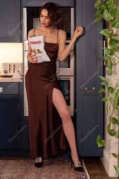 Brown Spaghetti Straps High Slit Made to Measure Prom Dress Royal Entrance, Straight Across Neckline, Queen Of The Night, Louise Roe, Bra Support, Ankle Length Skirt, Prom Queen, Prom Queens, Brown Satin