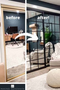 before and after pictures of a living room with sliding glass doors that open up to reveal the bedroom