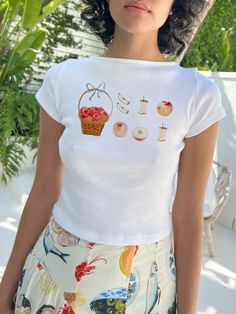 LIZAKOSHT - Women's Cherry Print Round Neck Graphic Tee, Vintage Trendy Casual Short Sleeve T-shirt For Daily Wear, Ladies Summer Outfit DSers DSers DSers Casual White Tops With Fruit Print, White Casual Top With Fruit Print, White Tops With Fruit Print And Short Sleeves, Fitted Short Sleeve Tops With Fruit Print, White Casual Fruit Print Top, Crew Neck Graphic Tee With Fruit Print, Trendy Summer T-shirt With Fruit Print, Trendy White T-shirt With Fruit Print, Summer Cherry Print Crew Neck T-shirt