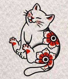 a drawing of a cat with flowers on it's tail and paws in the air