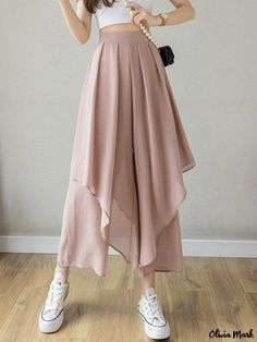 Olivia Mark - High-Waisted Irregular Nine-Quarter Wide Leg Chiffon Pants with Loose Draping Effect Hooded Sweater Coat, Casual Pants For Women, Chiffon Pants, Overalls Fashion, Casual Wide Leg Pants, Chiffon Skirt, Summer Design, Women Pants Casual