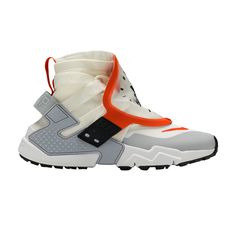 Find NIKE Air Huarache Gripp Qs 'sail Orange on Editorialist. The Huarache started as a running shoe in 1991, but this 2018 version shows its evolution. The Nike Air Huarache Gripp QS ‘Sail Orange’ starts with a sock-like high collar with straps over the lacing system, all in Off-White, before moving down to a white forefoot. The most noticeable feature is the shroud that clips onto the heel counter, boasting Huarache branding in white, gray and orange. Gray hits lead down to the chunky midsole and black outsole to finish off the look. Modern White High-top Sneakers For Running, White Mid-top Sneakers With Vibram Sole, White Athleisure Sneakers With Vibram Sole, White Vibram Sole Sneakers For Athleisure, Dynamic White Nike High-top Sneakers, Modern White Sneakers For Outdoor, Nike High-top Sneakers With Vibram Sole, High-top Sneakers With Translucent Outsole For Outdoor, White Custom Sneakers For Outdoor