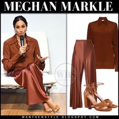 Meghan Markle in brown silk victoria beckham shirt and brown satin pants la ligne colby Silk Shirt Outfit Casual, Brown Satin Pants, Brown Silk Shirt, Shirt Outfit Casual, Satin Pants Outfit, Silk Shirt Outfit, Blush Pink Skirt, Smart Casual Style