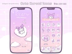 two cell phones with cartoon characters on them, one is pink and the other is purple