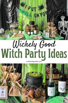 a witch themed party with green and black decorations, wine bottles, and other items