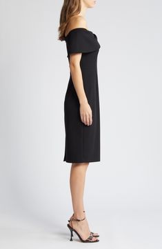 Make the night memorable in this cocktail dress designed in a shoulder-baring silhouette with a twisted neckline. 37" length (size 8) Back zip closure Off-the-shoulder neck Short sleeves Lined 96% polyester, 4% spandex Hand wash, dry flat Imported Formal Off-shoulder Dresses With Structured Shoulders, Fitted Midi Dress With Cutaway Shoulders For Cocktail, Fitted Midi Dress With Cutaway Shoulders For Cocktail Occasions, Elegant Fitted Midi Dress With Cutaway Shoulders, Fitted Evening Dress With Cutaway Shoulders, Fitted Dress With Cutaway Shoulders For Evening, Fitted Evening Off Shoulder Sheath Dress, Fitted Sheath Off Shoulder Dress For Evening, Chic Midi Dress With Cutaway Shoulders For Formal Events