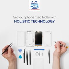 two hands holding pens and writing on a white background with the words, get your phone fixed today with holstic technology