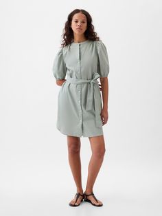 Soft linen-cotton mini shirtdress.  Crewneck.  Elbow puff sleeves.  Button front.  Tie-belt at waist.  *Fit: Relaxed.  A straight & easy fit.  Hits above the knee.  Models wearing Gap Daytime Aesthetic, Spring Wedding Guest Dress, Statement Blouse, Short Puff Sleeve, Mini Shirt Dress, Outfit Combinations, Cool Street Fashion, Australian Fashion, Aqua Green