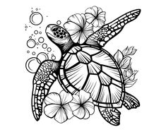 a black and white drawing of a turtle with flowers on it's back, swimming in the ocean