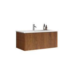 a wooden sink cabinet with two faucets