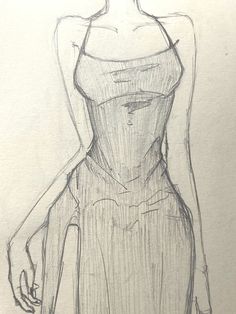 a drawing of a woman's torso and dress with her hands on her hips