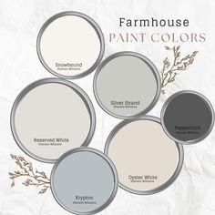 four different shades of paint with the words farmhouse painted in white, gray and brown