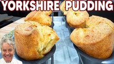 the yorkshire pudding is being made in two pans and ready to be eaten by an older man