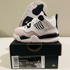 Jordan 4 Retro (Td), Size 5, White Black Neutral Grey (Military Black), Like New, Never Worn, Box Pictured Not Available Shoes Jordan 4s, Black Toddler Shoes, Jordan 4’s, Nike Air Jordan 5, Jordan 4s, Black Jordans, Shoes Jordan, Navy Baby