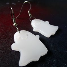 "These cute Happy Ghost Dangle Earrings are made of matte finish semi-translucent laser cut white acrylic and are surprisingly lightweight! Wear with your everyday decora outfits or harajuku costumes to haunt your unique style! 👻 Adorable Happy Ghost Pendants measure about 1\" from top to bottom. 👻 Lightweight kawaii statement earrings dangle from your choice of earring hooks! Pick from: ~ Nickel Free ~ Stainless Steel ~ Plastic Hooks ~ Clip Ons ~ Titanium Hooks 👻 Comes on brand name over-siz White Spooky Earrings For Party, Spooky White Earrings For Party, Handmade White Plastic Earrings, Fun Nickel-free White Earrings, White Novelty Dangle Jewelry, Novelty White Dangle Jewelry, Fun White Nickel-free Earrings, Novelty Hypoallergenic White Jewelry, Hypoallergenic Novelty White Jewelry