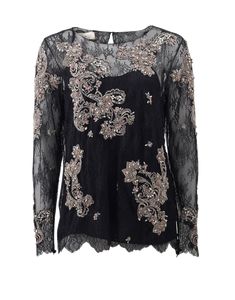 Marchesa chantilly lace top with beaded embellishment, wide scoop neckline, hook & eye closure and key hole, all-over lace, black camisole lining, scalloped hem and cuffs, long sleeve and a loose fit. 100% Polyester and 100% Silk Lining, Dry Clean Made in India, US Sizing Lace Camisole Top, Lacy Tops, Keyhole Top, Poplin Top, Lace Cami Top, Ralph Lauren Black Label, Black Camisole, Lace Top Long Sleeve, Lace Camisole