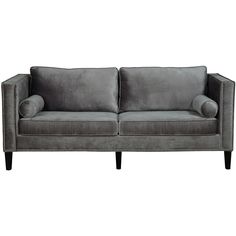 a gray couch sitting on top of a white floor