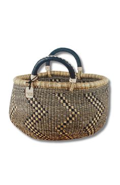 an old woven basket with handles on the handle is shown in front of a white background