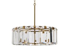 a chandelier hanging from the ceiling with clear glass and gold trimmings