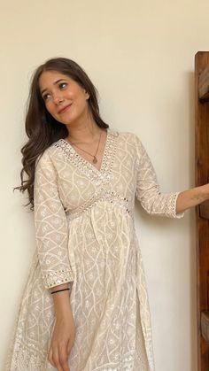 V Neck Kurti Design, Straight Kurti Designs, Mirror Lace, Cotton Frock, Chikankari Work, Off White Colour, Simple Lehenga, Frock For Women, Salwar Designs