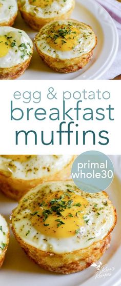 an egg and potato breakfast muffins on a white plate with text overlay