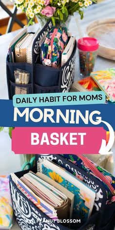 a purse with the words daily habit for moms morning basket