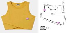 a yellow top with pink flowers on the front and side, measurements for each item