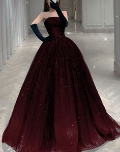 Strapless A-line Tulle Prom Dress Royal Ball Gown Aesthetic Black, Long Sleeve Red Wedding Dress, Pretty Gown Aesthetic, Long Dark Dress Aesthetic, Black And Red Gown Elegant, Dresses For A Queen, Red Fancy Outfits For Women, Dark Red Dress Long Elegant Prom, Dark Red Gown Elegant