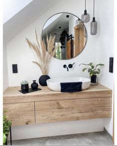 a bathroom with a sink, mirror and plants on the counter in front of it