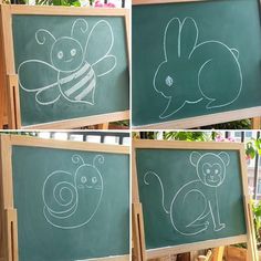 four pictures of the same drawing on a blackboard