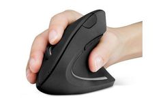 a hand holding a black mouse on top of a white surface with the handle extended